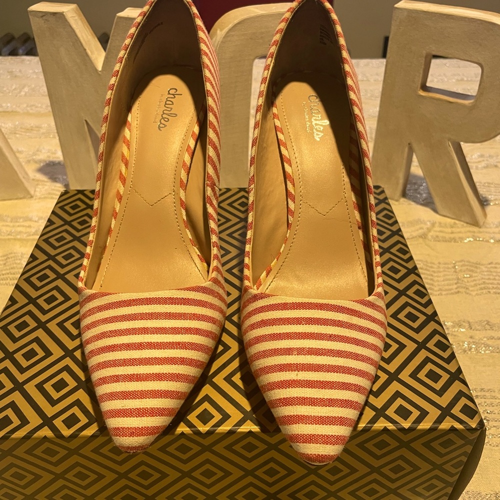 Pink white striped stiletto heels, size 10.